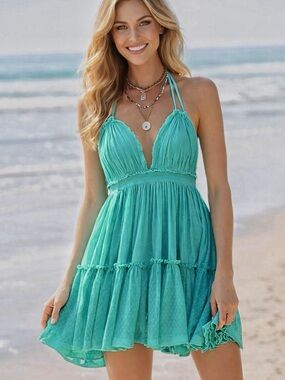 R. Vivimos Turquoise Halter Deep VNeck Beach Sundress Adjustable Straps size 4-6